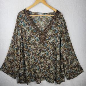 22W 24WBohemian Sequin V Neck Sheer Top Brown Paisley Print Flowy Long Sleeve